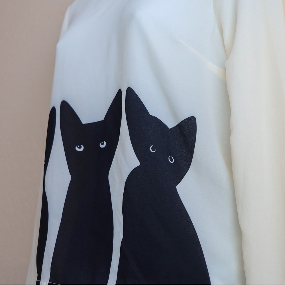 The Moon Cream Long Sleeve Chiffon Blouse Black Cat Print Collar Top Women's S - Picture 3 of 12
